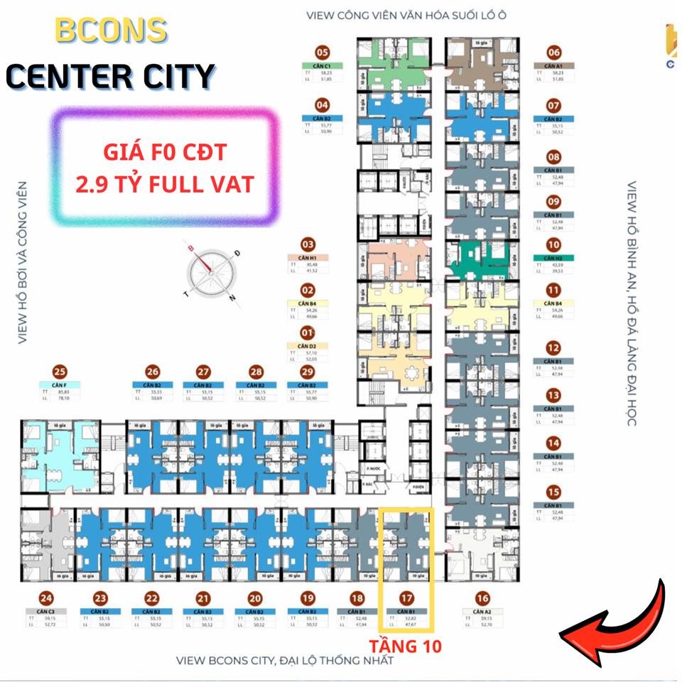 Bcons center city  giỏ hàng nội bộ tầng đẹp thanh toán 5% 145tr nhận ngay 3 chỉ vàng