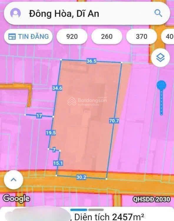 Bán lô đất mặt tiền đường phường đông hòa dĩ an diện tích 2450m2 ngang 32m nở hậu đường n