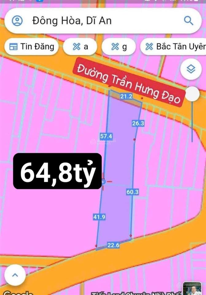 Hàng hiếm có bán lô đất mặt tiền trần hưng đạo phường đông hòa tp dĩ an diện tích 1816m2 ngang 20m