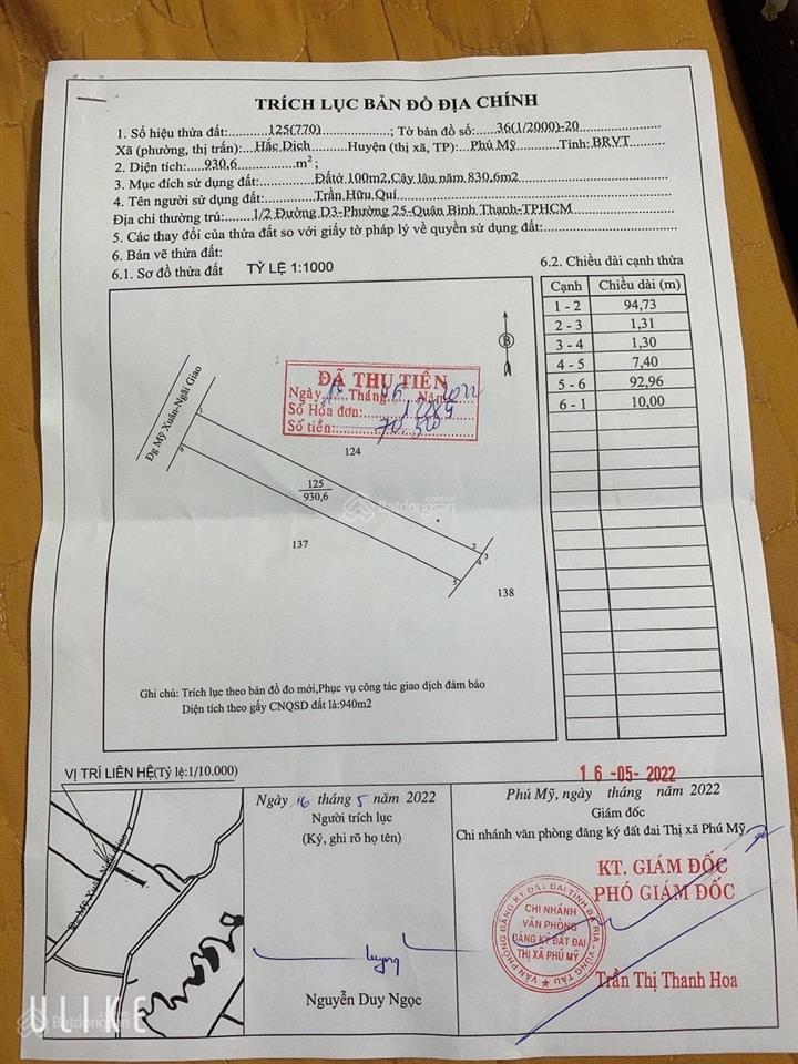 Chính chủ bán Đất mặt tiền đường trục chính đường Mỹ xuân-ngãi giao trung tâm phường Tân
