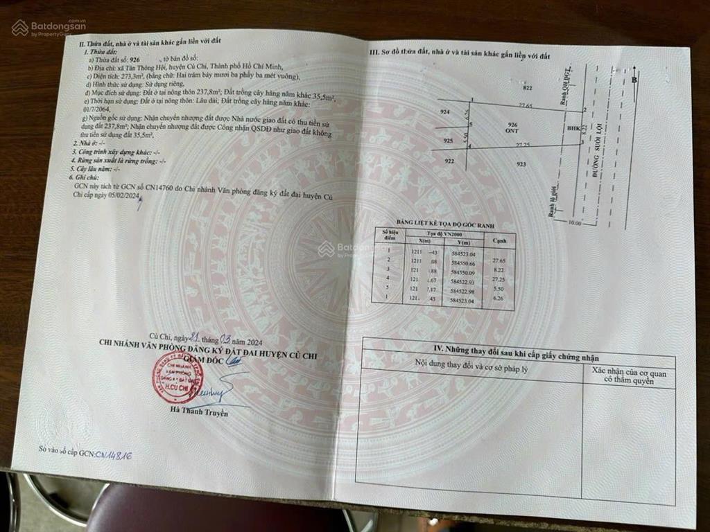 Mặt tiền suối lội 273m2. chủ gửi 1 tỷ 150, bớt lộc