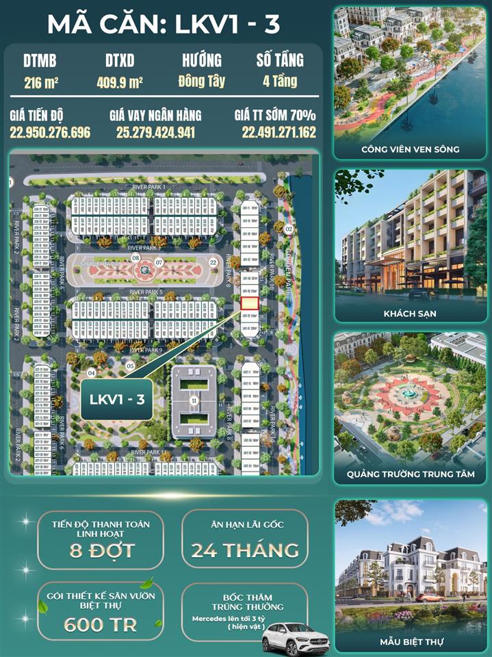 Biệt thự 216m "hai mặt tiền"  trước là sông hòn ngọc, sau là công viên hoàng huy green river