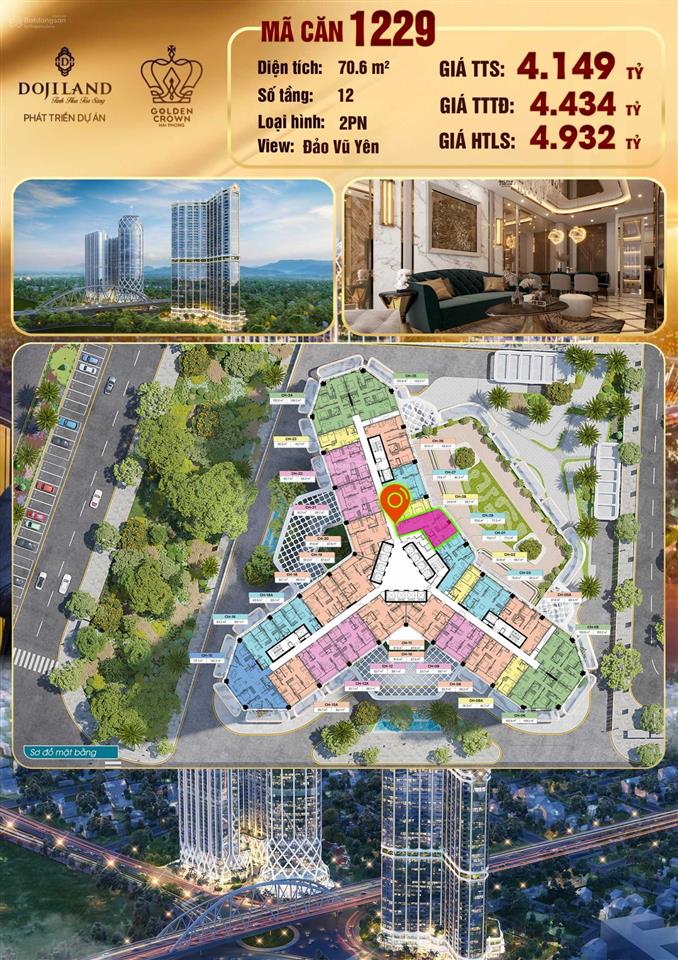 Căn 2pn  70,6m2  view đảo vũ tên tại golden crown hải phòng  giá full 4,149 tỷ