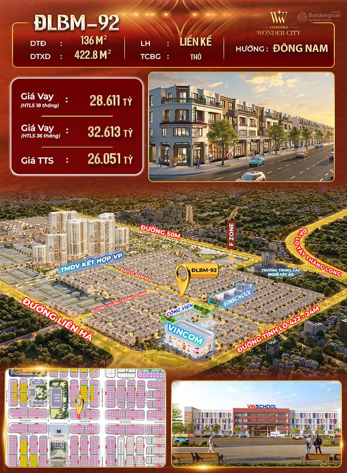 0975 897 *** hàng hiếm tại vinhomes wonder city, liền kề 136m2, 8m mặt tiền, mặt đường đl ban mai 24m