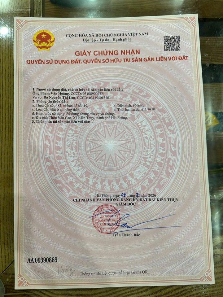 Bán đất thổ cư 96,8m² mặt tiền 4,6m đường ô tô tránh tại văn cao (hữu bằng), kiến thụy, hải phòng