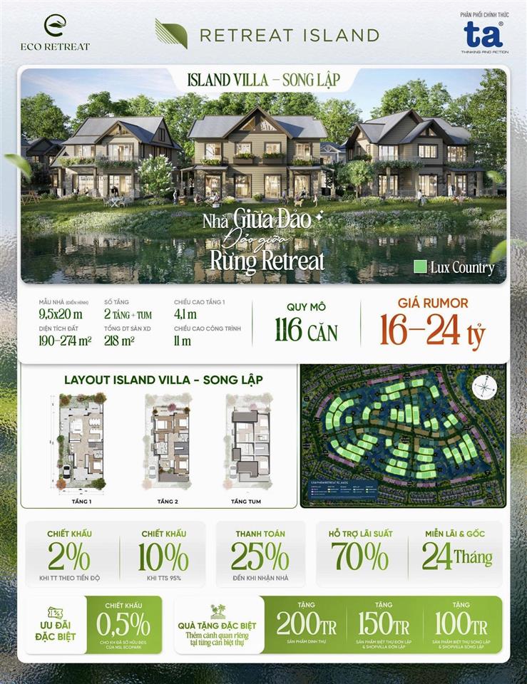 Chuyển nhượng (biệt thự đảo song lập 200m²)  gần cổng chính, đại lộ, club house, biệt thự rừng