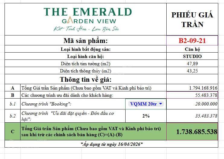 Bán lỗ sâu căn hộ a11812 dự án the emerald garden view của cđt lê phong