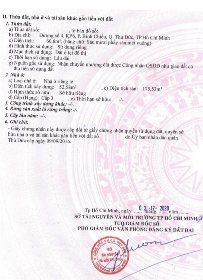 Bán nhà 60m có sẵn 56m thổ cư ngang 4m giá 9.5 tỷ tại đường số 4 phường tam bình (bình chiểu cũ)