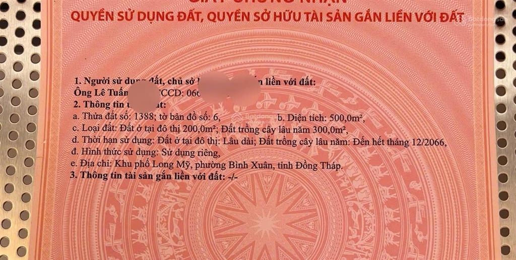 Bán đất mặt tiền 98b bình xuân (trước là thành phố gò công) hàng hiếm