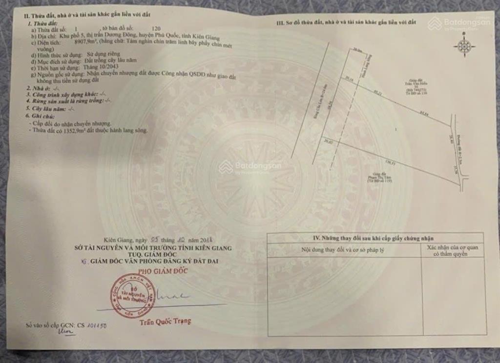 Bán đất trung tâm dương đông, phú quốc 8970m2 giá 10tr/m2 sổ riêng view sông đón sóng apec