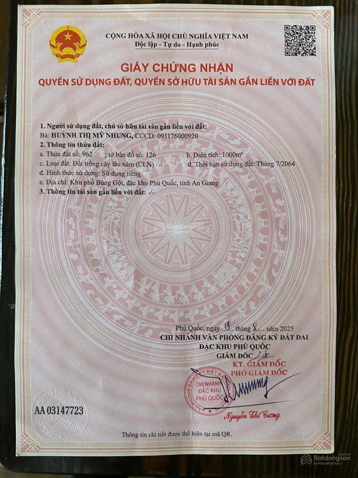 Chính chủ bán gấp lô đất mặt tiền 1000m đường cây thông ngoài,cửa dương,vị trí đắc địa,sinh lời cao