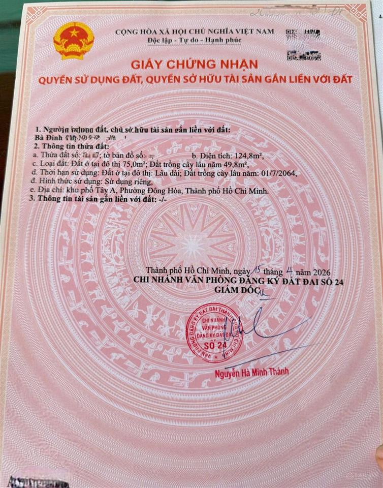 Bán đất sau lưng bigc dĩ an, xây tự do 124m2 chỉ 4ty6 tl