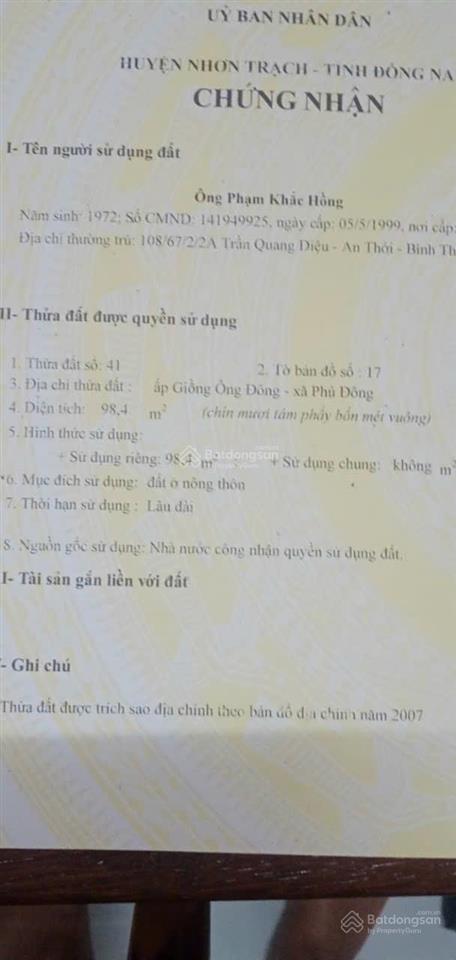 Cần bán đất nông nghiệp 1.387m2 xã phước khánh, nhơn trạch, đồng nai