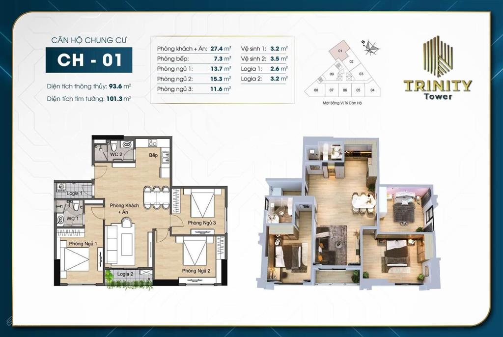 Chính chủ bán căn 3n căn góc 93,6m² view 2 hồ , giá 8,7 tỷ full đồ dự án trinity   0916 411 ***