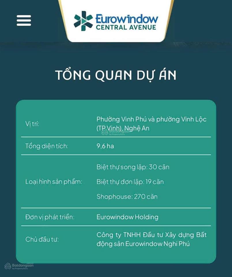 Bđs trung tâm vinh  eurowindow central avenue quỹ đất hiếm, ở và kinh doanh tiềm năng tăng giá cao
