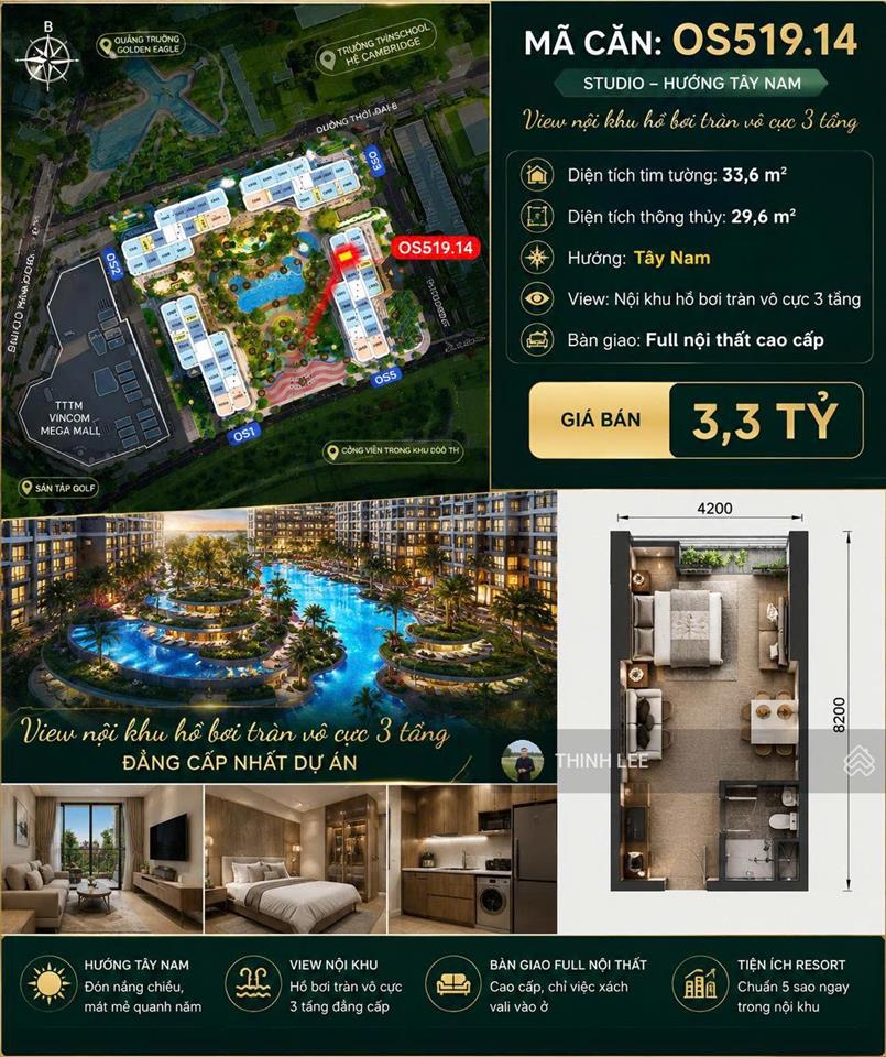 Studio view hồ bơi tràn vô cực 3 tầng  giá siêu tốt chỉ 3,3 tỷ