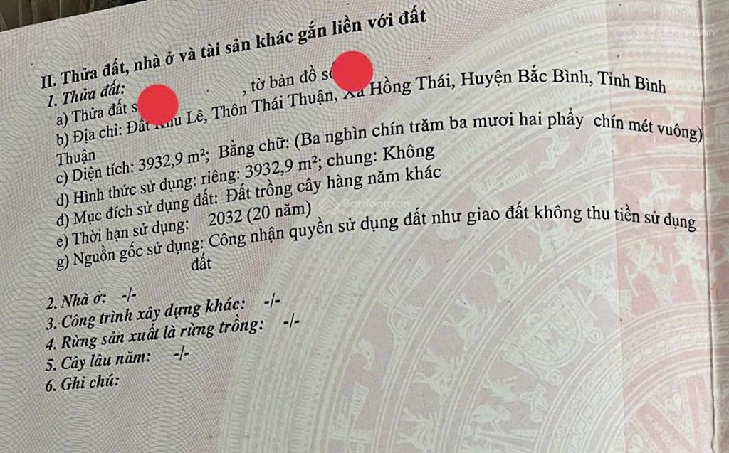 Chính chủ cần bán lô đất 3932.9m2 hồng thái, bắc bình, bình thuận