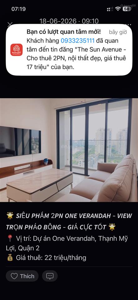 One verandah 02 pn 2 vs view sông thiết kế hiện đại lầu cao chỉ 22 triệu / tháng 0938 295 ***