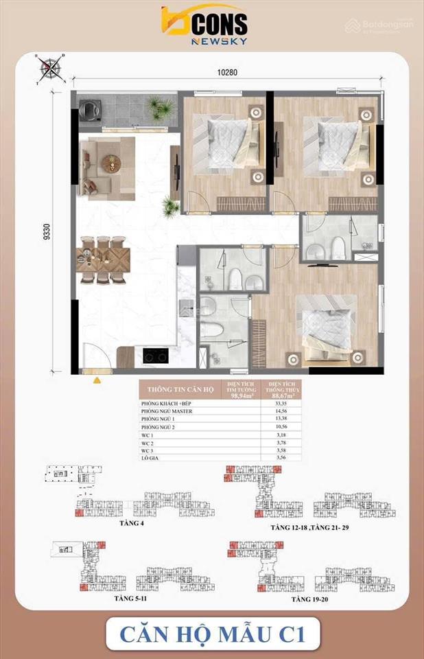 Bán căn hộ 3pn 3wc 98,5m2 bcons newsky, giá 4,754 tỷ đã vat  0354 113 ***