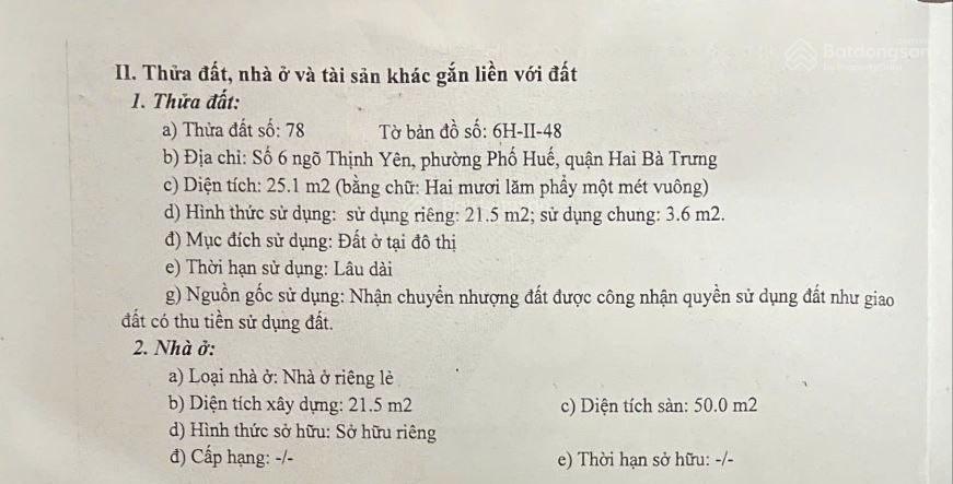 Chủ nhà bán nhà thổ cư, số 6 ngõ thịnh yên, phố thịnh yên hà nội