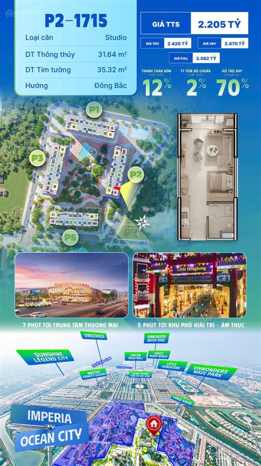 Đầu tư studio p2 vốn 320tr chia làm 4 dợt, view thoáng đẹp, dòng tiền 5%, ln 8%  0946 455 ***