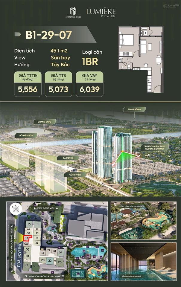 Một ngủ 45.1m2 view đẹp thành phố sân bay nội bài sông hồng chỉ 5.073tỷ lumiere, hotline 0946 455 ***
