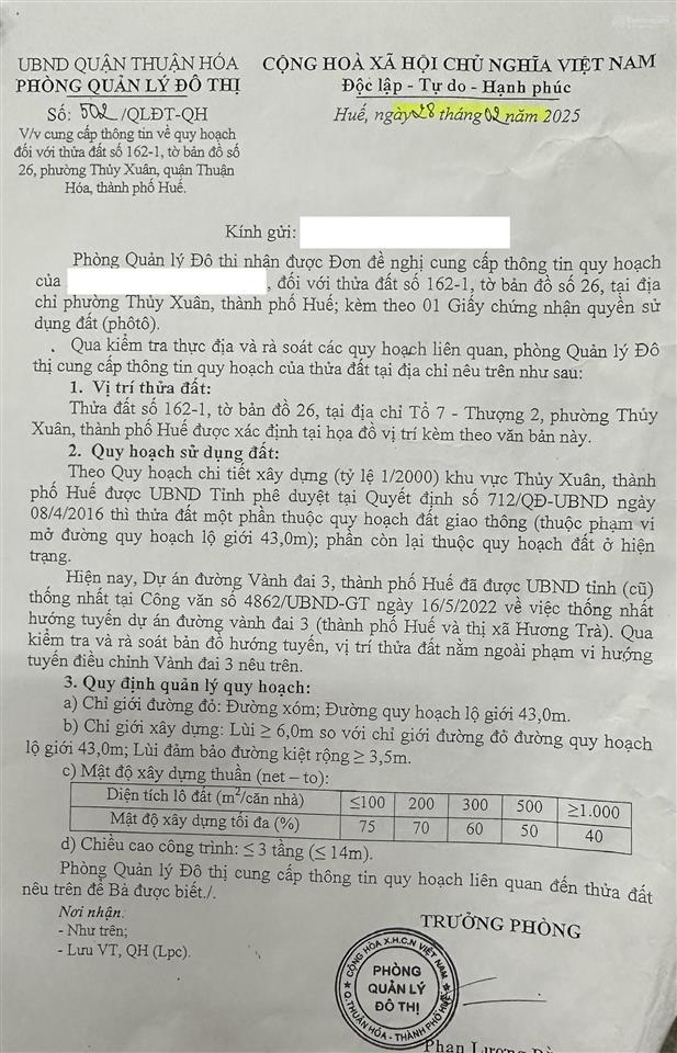 Bán quỹ đất gần 900m² thủy xuân, mặt tiền sư hy nhan  lê ngô cát  đường qh 43m, giá 18,5 tỷ