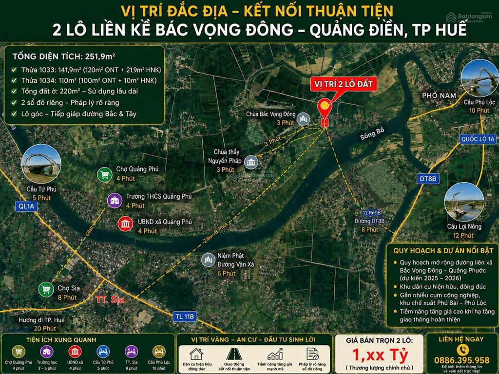 Hiếm 2 lô liền kề 251,9m2, lô góc 2 mặt tiền tại quảng điền, tp huế  giá 1,35 tỷ