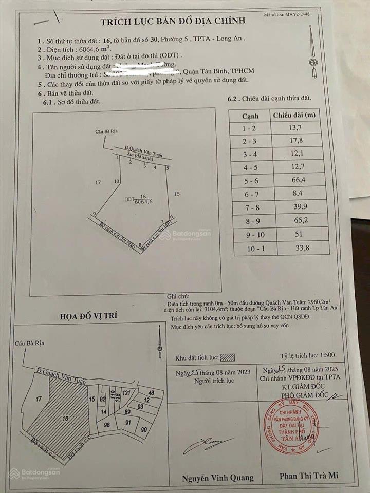 Bán 6064 m² thổ cư tp tân an mt ngang khủng 65 m