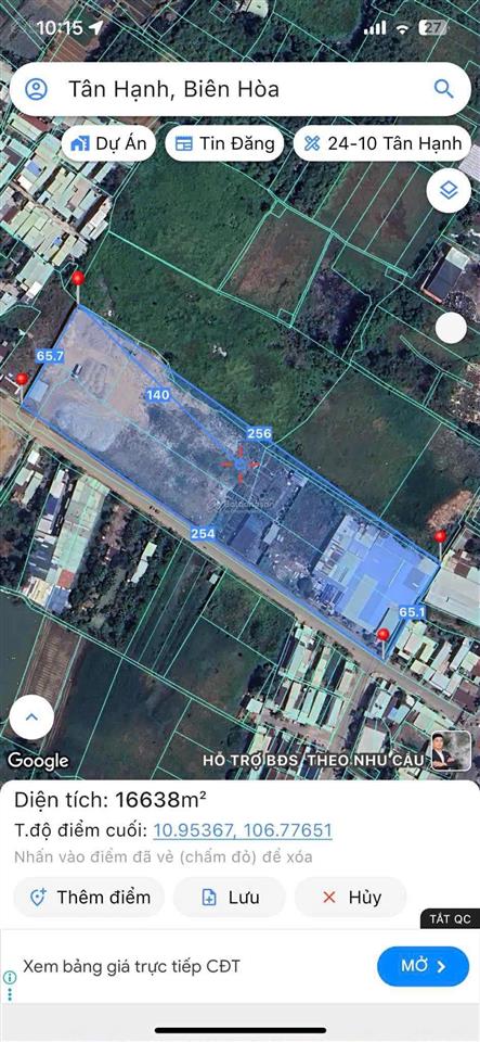 Bán đất phường biên hoà (p. tân hạnh cũ). diện tích 16.638m2 (hơn 1,6ha) mặt tiền sở hữu 254m bám