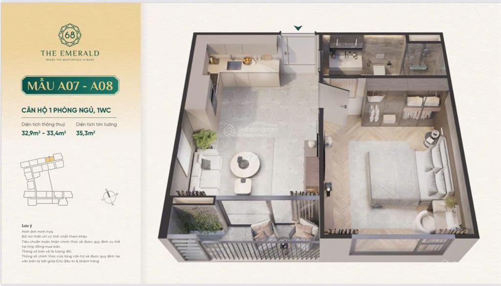 Bán căn hộ cao cấp 1pn 35,3m2 the emerald 68 ngay mặt tiền ql13 chỉ 1tỷ980 (vat)