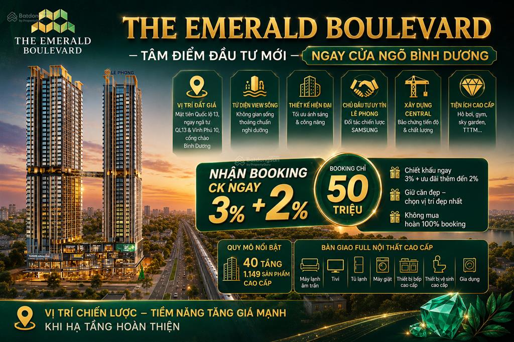 Hot nhất ql13 chỉ từ 62,6tr/m2 the emerald boulevard mở booking giữ chỗ căn đẹp chiết khấu ngay 3%