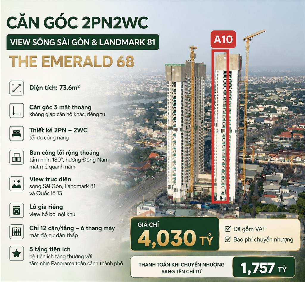 The emerald 68 căn góc a10 2pn2wc ban công lồi tầng đẹp, hướng đông nam chỉ 3tỷ9 (vat và bao pcn)