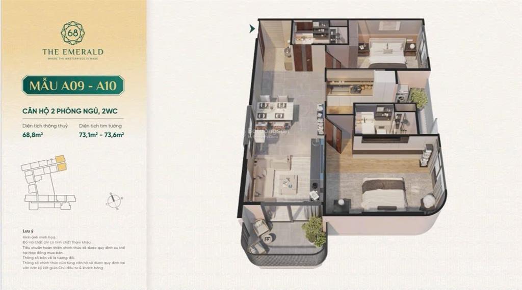 The emerald 68 căn góc a10 2pn2wc ban công lồi tầng đẹp, hướng đông nam chỉ 3tỷ9 (vat và bao pcn)