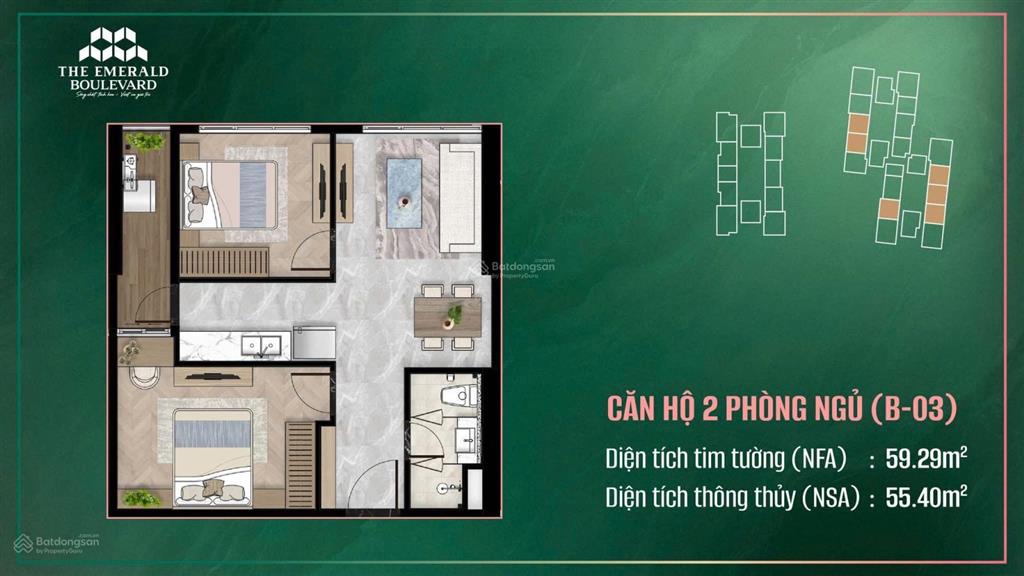 The emerald boulevard căn hộ 2pn 1wc 59m2 view ngoại khu hướng đông bắc, bàn giao full nội thất