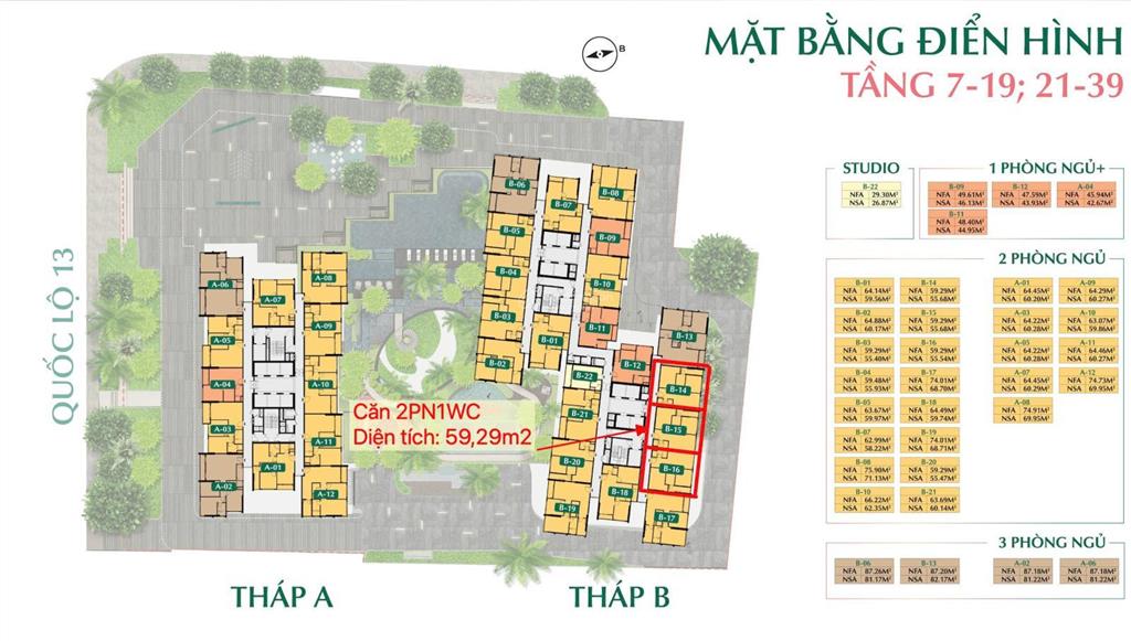 The emerald boulevard căn hộ 2pn 1wc 59m2 view ngoại khu hướng đông bắc, bàn giao full nội thất