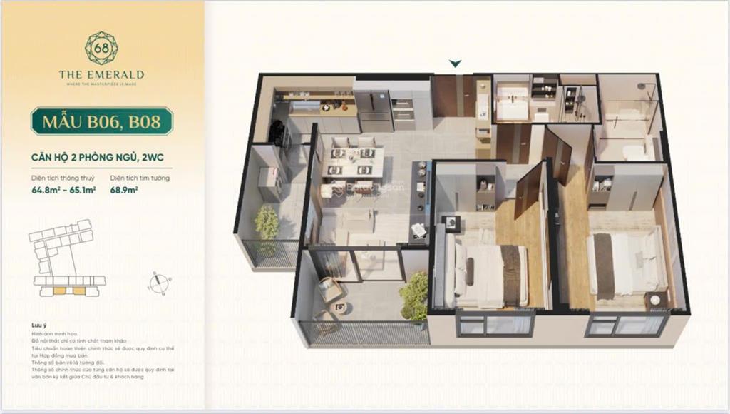 The emerald 68  chuyển nhượng giá hđmb căn 2pn2wc 67,2m2 chỉ 3tỷ490 (vat và bao phí chuyển nhượng)