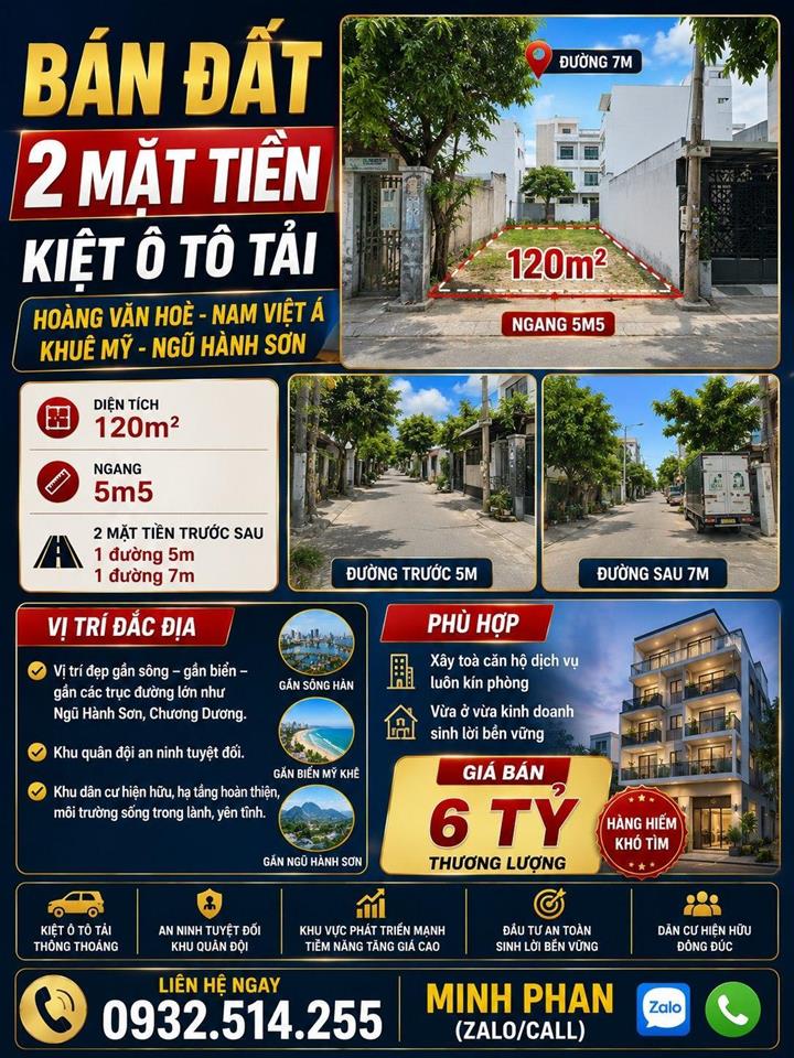 Chính chủ cần bán Lô Đất Hoàng Văn Hoè - 2 mặt tiền trước sau - 120 m2 - Giá chỉ 6 tỷ -