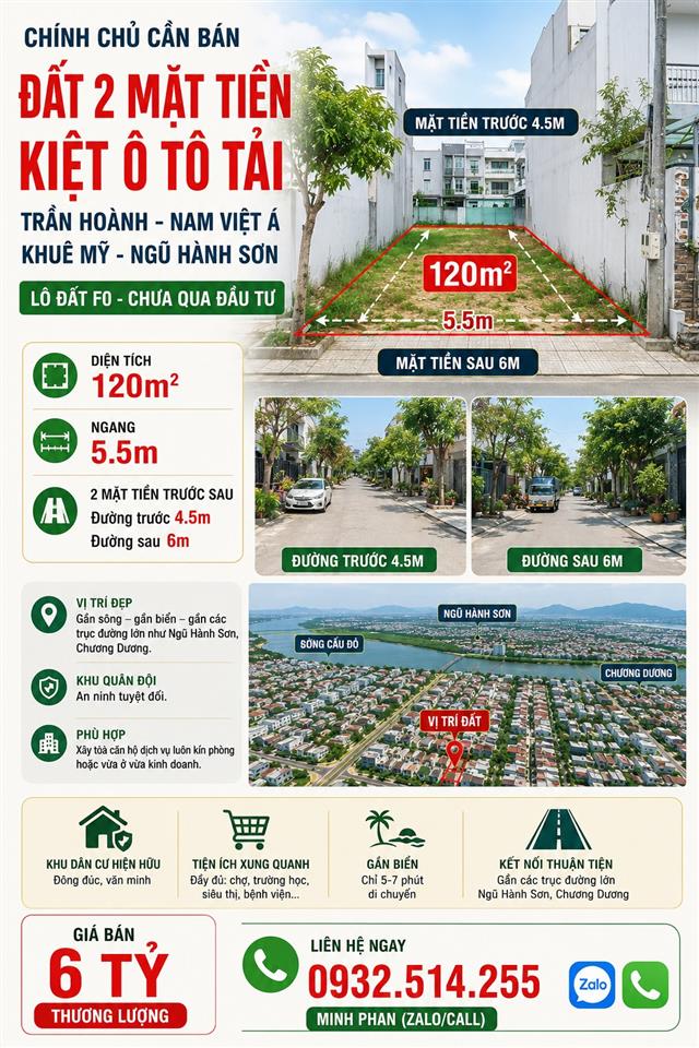 Cần bán Lô đất 2 mặt tiền kiệt  6m - Đường Trần Hoành - Khuê Mỹ - Ngũ Hành Sơn - Diện