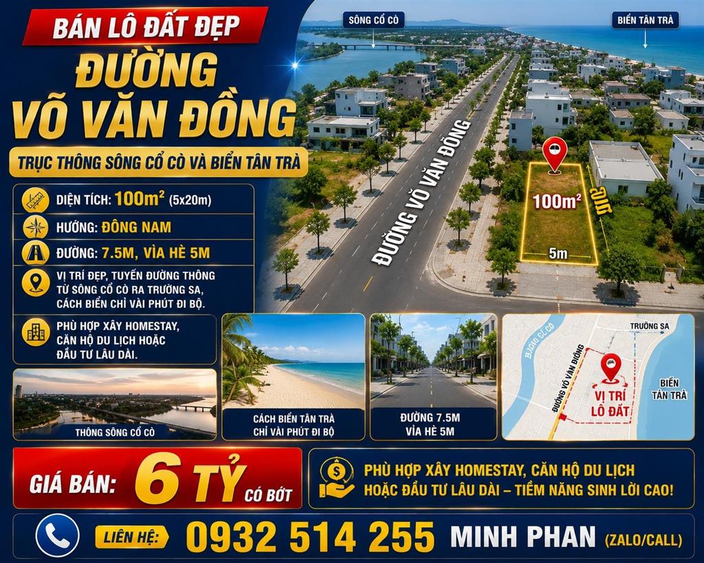 Bán lô đất đẹp 100m2 đường 7,5m Võ Văn Đồng - Trục thông sông và biển Tân Trà - Giá rẻ
