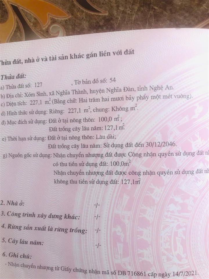 Chính chủ cần tiền bán gấp đất thổ cư nở hậu ngay gần chợ nghĩa thành  giá chỉ 790 triệu