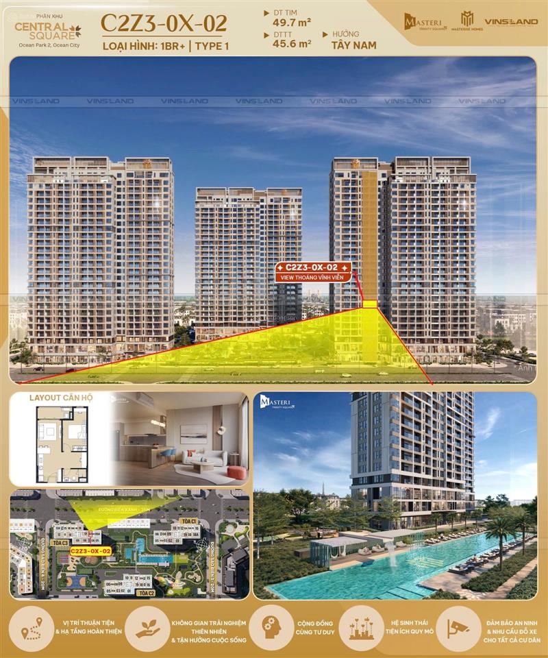 Bán cc masteri trinity square tại nghĩa trụ, văn giang, hưng yên, giá siêu hời 3,25 tỷ, 45,6 m2