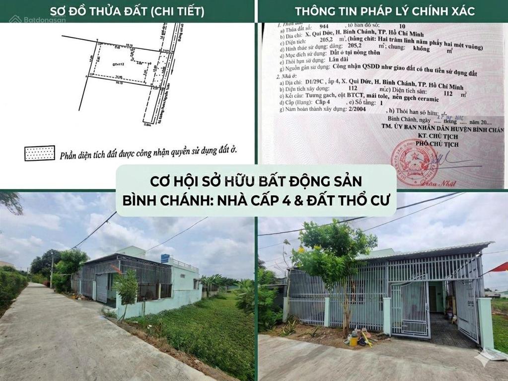 Chủ gửi bán nhà cấp 4 rộng 205,2m xã qui đức, bình chánh, tp.hcm. 200m ra đoàn nguyễn tuấn. 4,1 tỷ