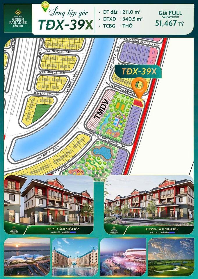 Bán biệt thự biển, song lập căn góc, sở hữu lâu dài, green paradise, cần giờ. giá tốt 51tỷ/căn.
