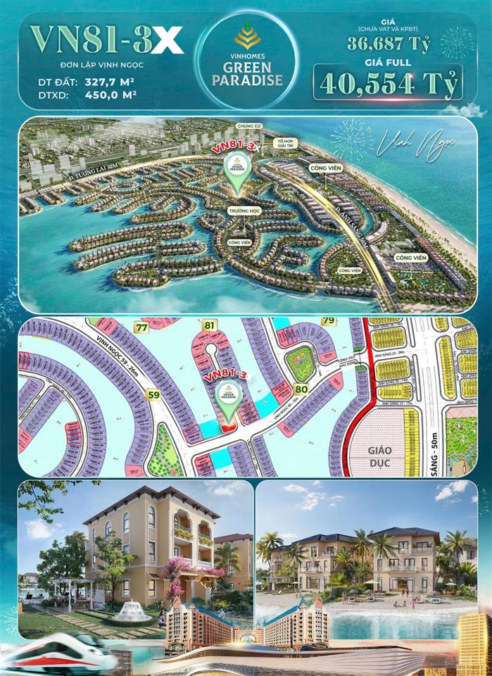 Hot, biệt thự đơn lập, căn góc, 3 mặt tiền, view biển sau nhà, vinhomes green paradise, cần giờ.