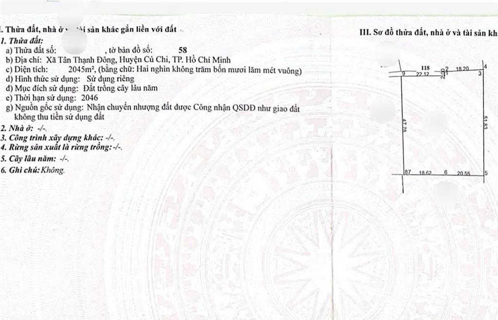 Cần bán 2045m2 đất trồng cây lâu năm, tân thạnh đông, củ chi giá 1tỷ700