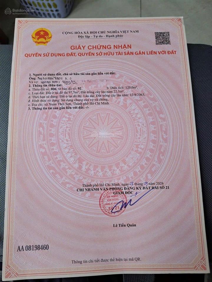 Bán đất xuân thới sơn, tp.hcm 120m2, gần dương công khi, giá 4,6 tỷ