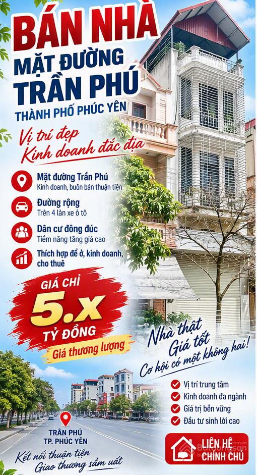Cắt lỗ sâu, căn 61m2 mặt sàn, 3 tầng tại trần phú, thành phố phúc yên