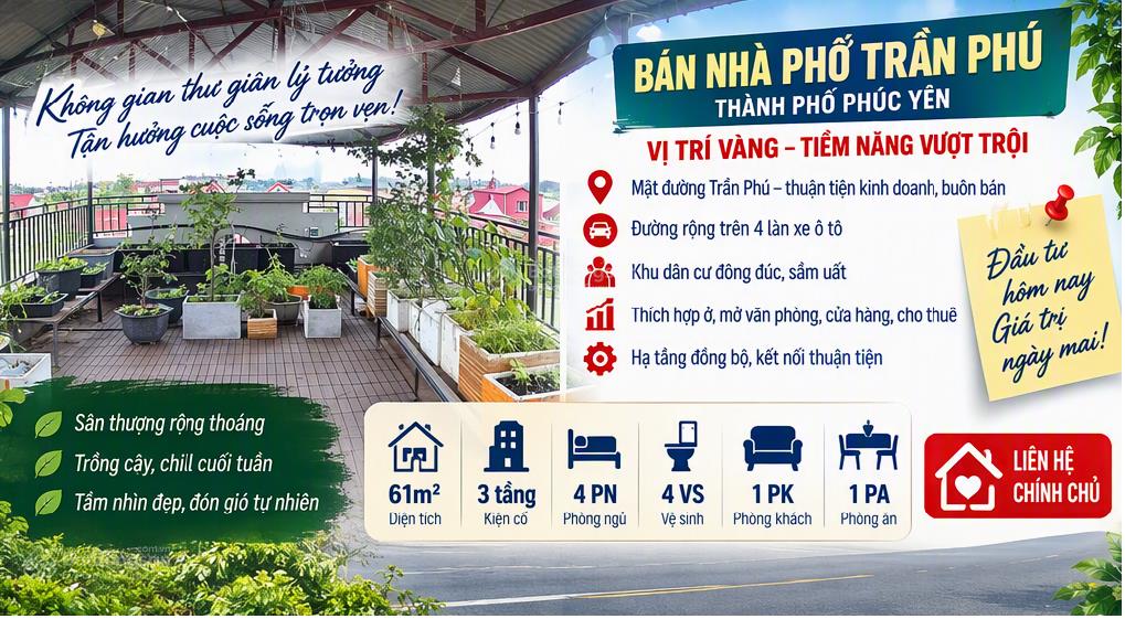 Cắt lỗ sâu, căn 61m2 mặt sàn, 3 tầng tại trần phú, thành phố phúc yên