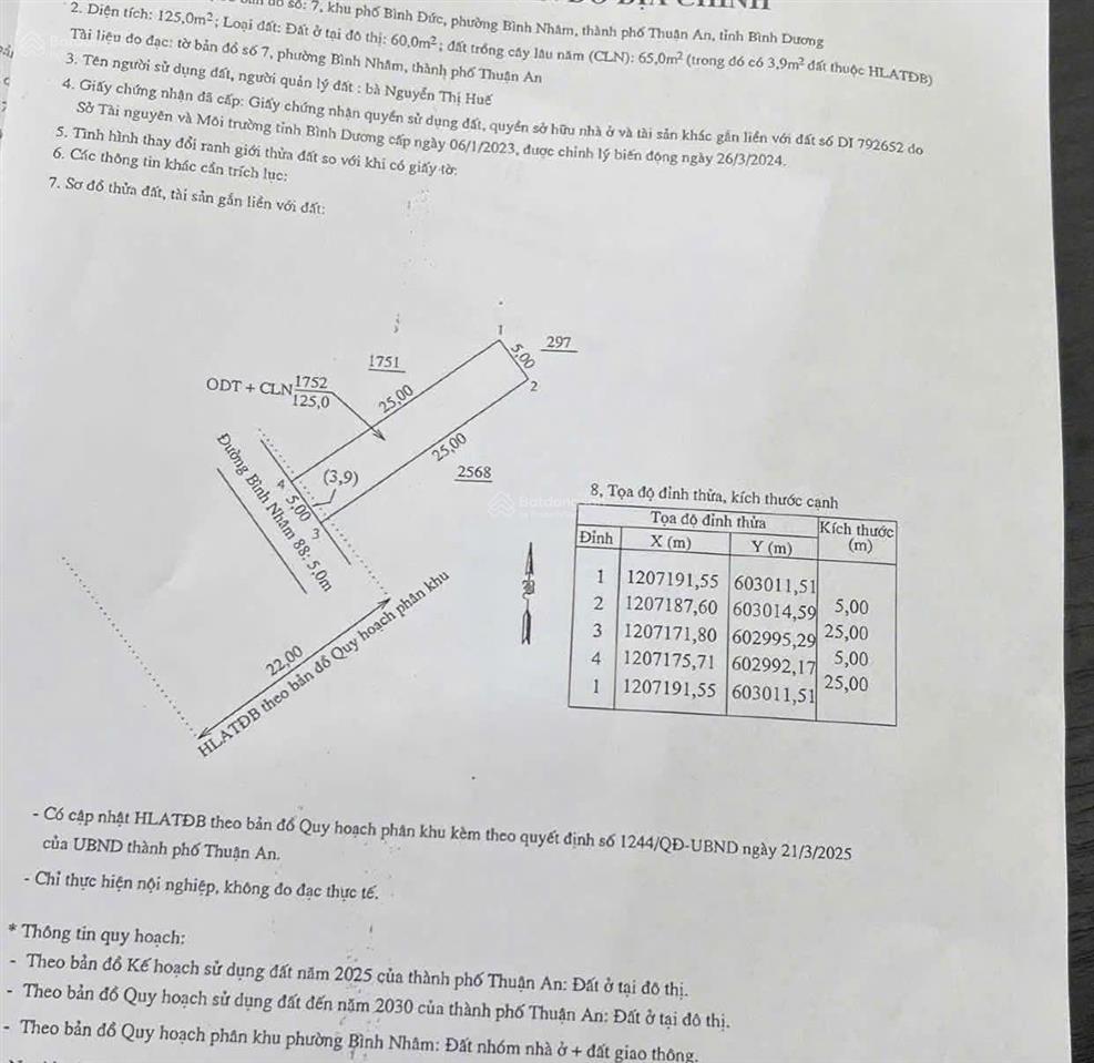 Đất mt bình nhâm 88 125m2 thổ cư 60m gần nhà thờ lái thiêu chỉ 850 triệu bình nhâm, thuận an, bd